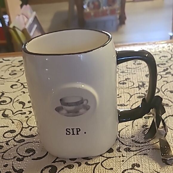 White Mug with Black Handle and Bow #1 - Picture 1 of 8